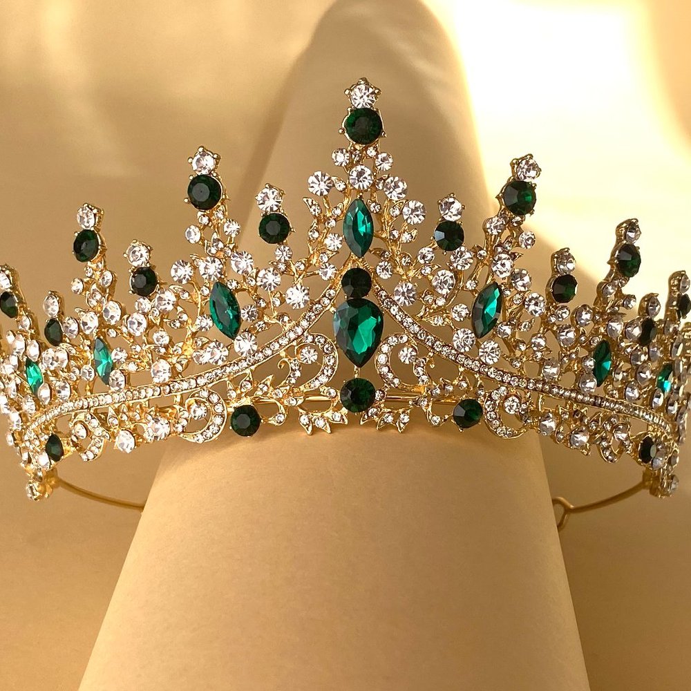 Green Gold Tiara Crown, Prom Crown, Bridal Headpiece, Cosplay Crown, Ren Faire